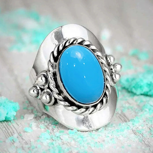 Women's Zinc Alloy Geometric Oval Retro Bohemian Style Ring With Electroplating And Turquoise