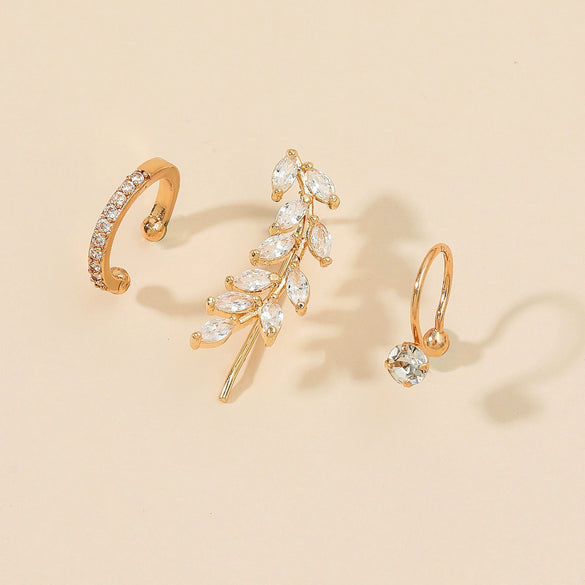 Women's Zinc Alloy Goldplated Diamondstudded Geometric Leafshaped Baked Enamel Nonpierced Ear Cuffs And Ear Clips
