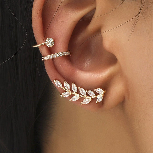 Women's Zinc Alloy Goldplated Diamondstudded Geometric Leafshaped Baked Enamel Nonpierced Ear Cuffs And Ear Clips