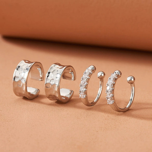 Women's Zinc Alloy Leaf Hoop Earrings And Nonpierced Ear Clips With Hammered Geometric Floral Design And Electroplated Finish
