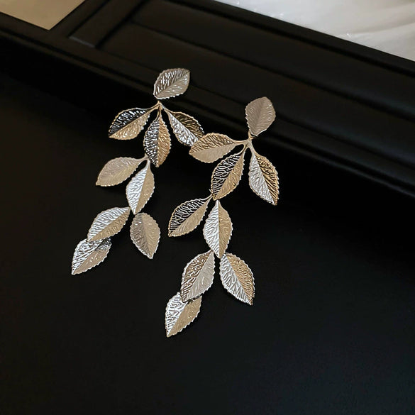 Women's Zinc Alloy Leaf Tassel Earrings Light Luxury Style Electroplating