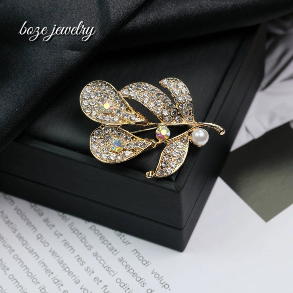 Women's Zinc Alloy Pearl Rhinestone Leaves Brooch Clothing Accessories Electroplated