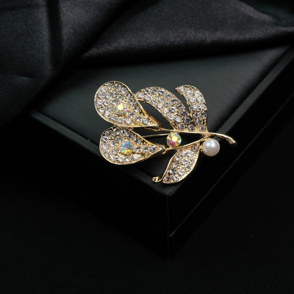 Women's Zinc Alloy Pearl Rhinestone Leaves Brooch Clothing Accessories Electroplated