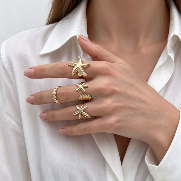 Women's Zinc Alloy Ring Set With Plated Starfish And Shell Designs Stylish Adjustable Beach Vacation Jewelry