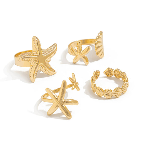 Women's Zinc Alloy Ring Set With Plated Starfish And Shell Designs Stylish Adjustable Beach Vacation Jewelry