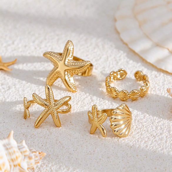 Women's Zinc Alloy Ring Set With Plated Starfish And Shell Designs Stylish Adjustable Beach Vacation Jewelry