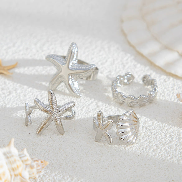 Women's Zinc Alloy Ring Set With Plated Starfish And Shell Designs Stylish Adjustable Beach Vacation Jewelry