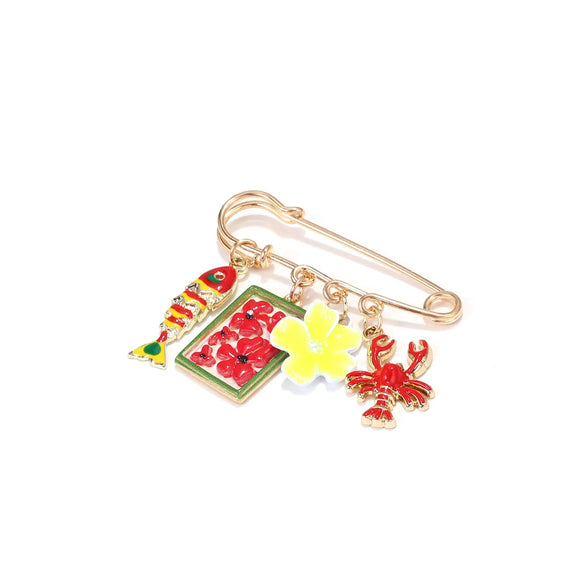 Women's Zinc Alloy Vacation Style Safety Pin Brooch With Cartoon Fish Lobster And Flower Pendants Electroplated Animal Accessory