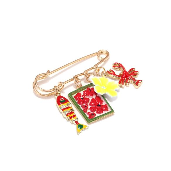 Women's Zinc Alloy Vacation Style Safety Pin Brooch With Cartoon Fish Lobster And Flower Pendants Electroplated Animal Accessory