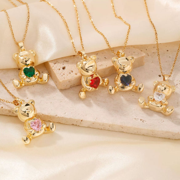 Women's Zircon Love Bear Heart Pendant Twisted Chain Necklace Fashionable With Animal Zodiac Design