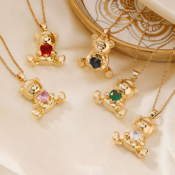 Women's Zircon Love Bear Heart Pendant Twisted Chain Necklace Fashionable With Animal Zodiac Design