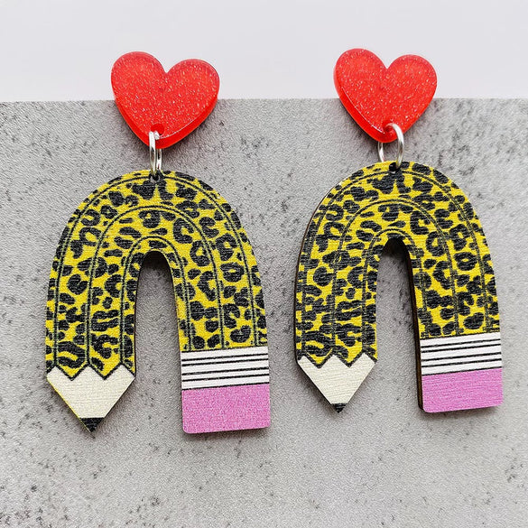 Wood Handmade Earrings With Leopard Print Heart Ushaped And Geometric Patterns