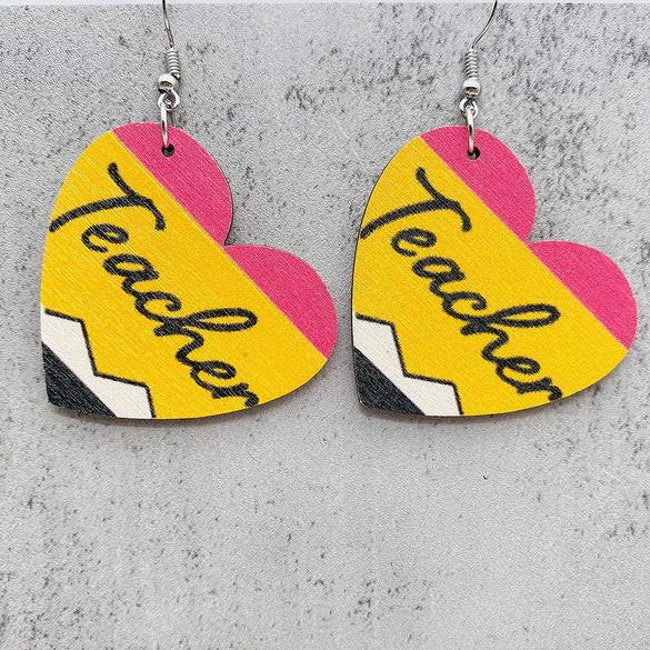 Wood Handmade Earrings With Leopard Print Heart Ushaped And Geometric Patterns