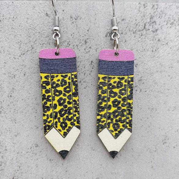 Wood Handmade Earrings With Leopard Print Heart Ushaped And Geometric Patterns