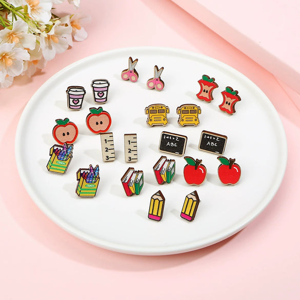 Wooden Handmade Simple Style Book Scissors Caliper Pencil Earrings