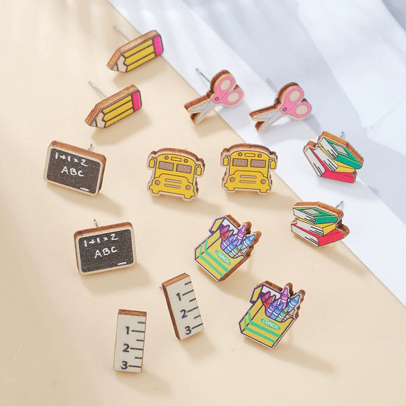 Wooden Handmade Simple Style Book Scissors Caliper Pencil Earrings