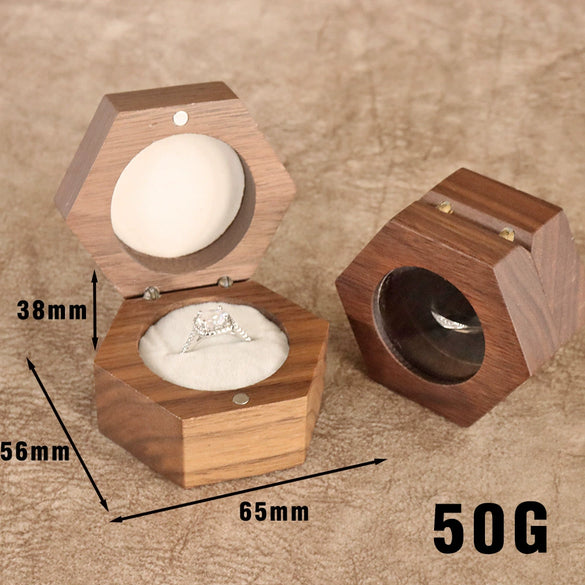 Wooden Hexagon Ring Gift Box With Flannel Lining And Window Six Sided Jewelry Packaging Box