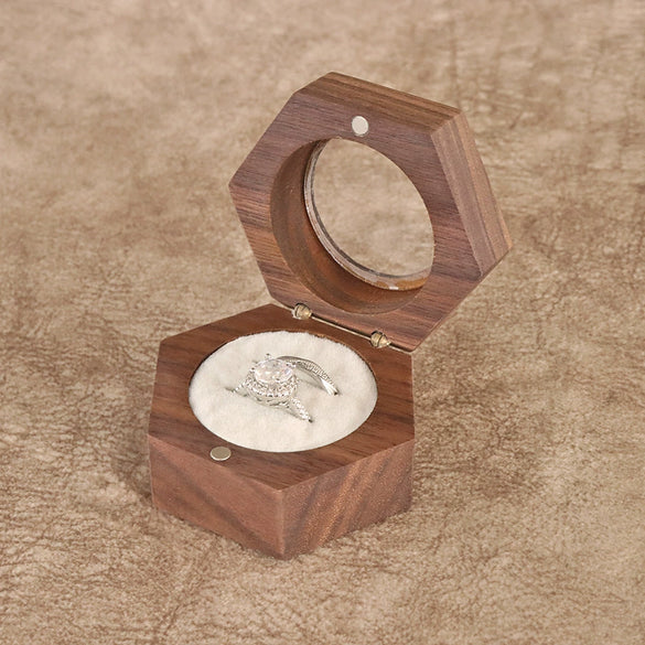 Wooden Hexagon Ring Gift Box With Flannel Lining And Window Six Sided Jewelry Packaging Box