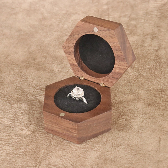 Wooden Hexagon Ring Gift Box With Flannel Lining And Window Six Sided Jewelry Packaging Box