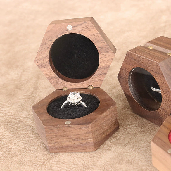 Wooden Hexagon Ring Gift Box With Flannel Lining And Window Six Sided Jewelry Packaging Box