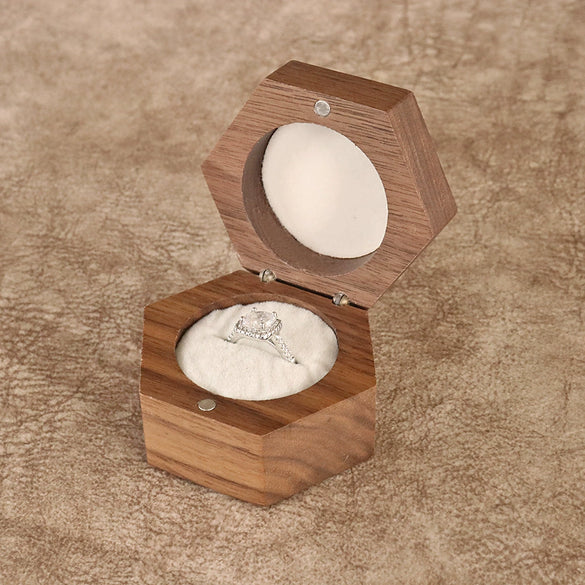 Wooden Hexagon Ring Gift Box With Flannel Lining And Window Six Sided Jewelry Packaging Box