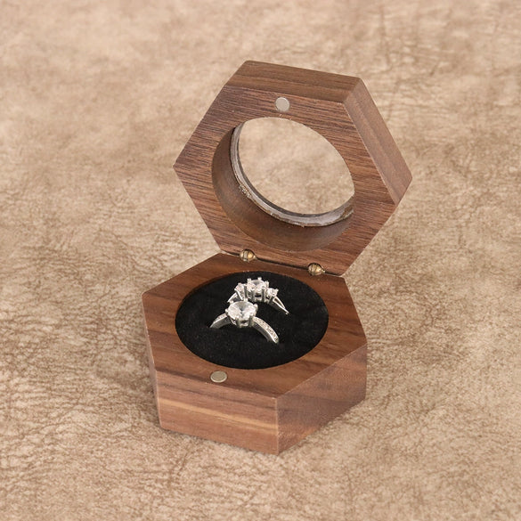 Wooden Hexagon Ring Gift Box With Flannel Lining And Window Six Sided Jewelry Packaging Box