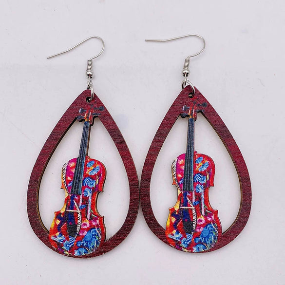 Wooden Hollow Electronic Guitar Earrings Handmade With Ushaped Drop Shape Geometric Pattern For Women
