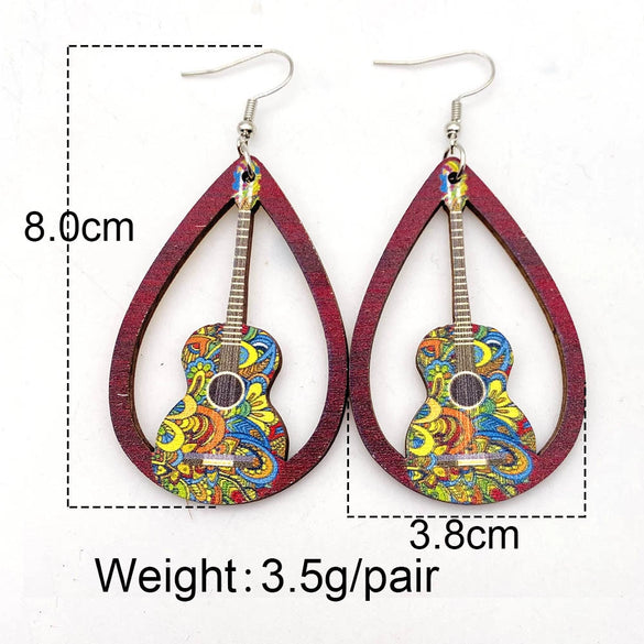 Wooden Hollow Electronic Guitar Earrings Handmade With Ushaped Drop Shape Geometric Pattern For Women
