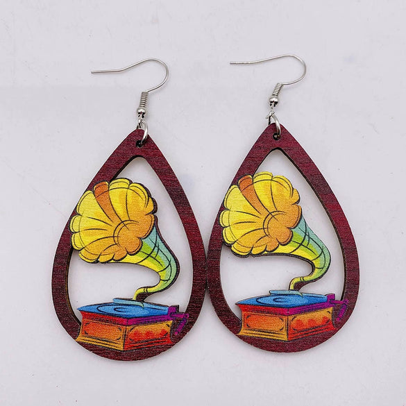 Wooden Hollow Electronic Guitar Earrings Handmade With Ushaped Drop Shape Geometric Pattern For Women