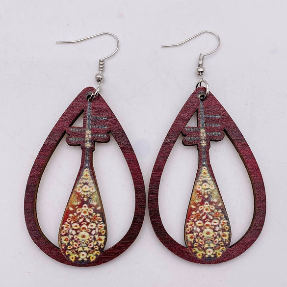 Wooden Hollow Electronic Guitar Earrings Handmade With Ushaped Drop Shape Geometric Pattern For Women