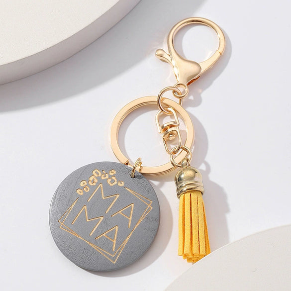 Wooden Keychain Modern Art Letter Tassel Car Key Case Pendant