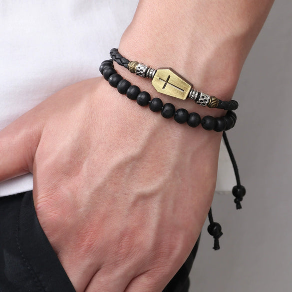 Woven Beaded Alloy Leather Bracelet With Geometric Pattern For Men And Women Electroplated Design