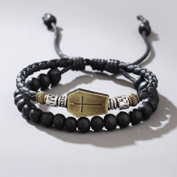 Woven Beaded Alloy Leather Bracelet With Geometric Pattern For Men And Women Electroplated Design