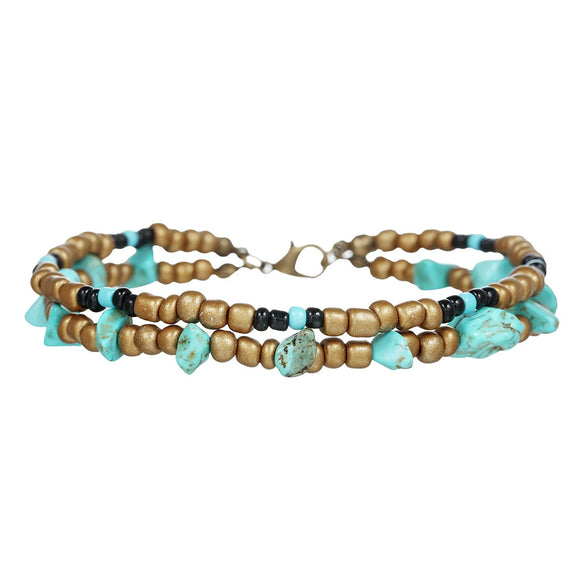 Woven Beaded Anklet With Geometric Turquoise Ccb Pine Stone For Women