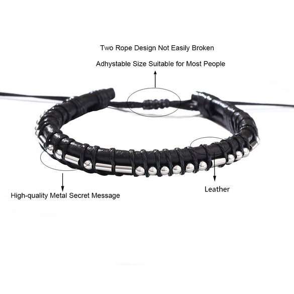 Woven Cowhide And Stainless Steel Bracelet With Geometric Pattern Unisex Fashion Style