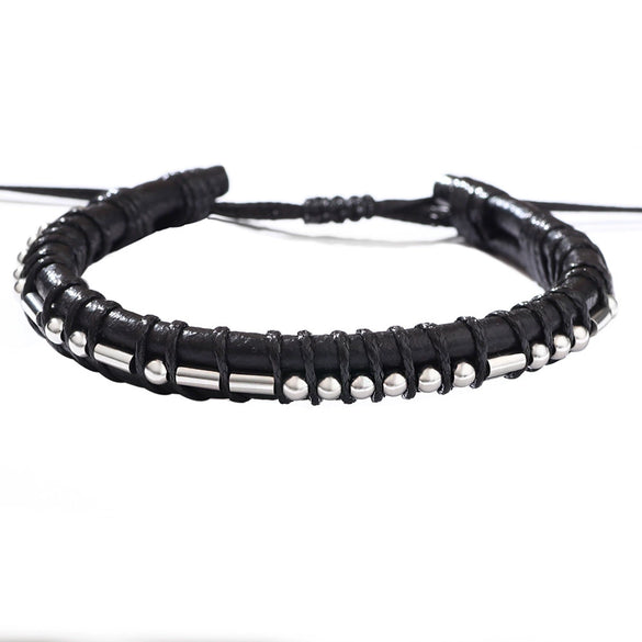 Woven Cowhide And Stainless Steel Bracelet With Geometric Pattern Unisex Fashion Style