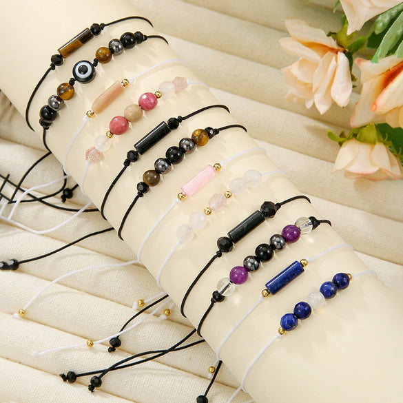 Woven Handmade Beaded Stone Bracelet With Cylindrical Amethyst Tiger Eye Rose Quartz Black Gallstone Black Agate For Couple Friendship