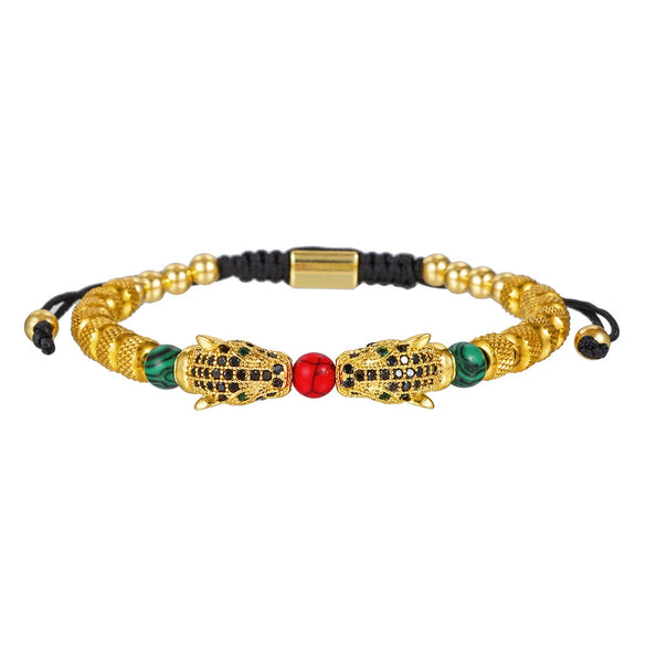 Woven Stainless Steel Copper Stone Geometric Leopard Head Electroplated Unisex Bracelet