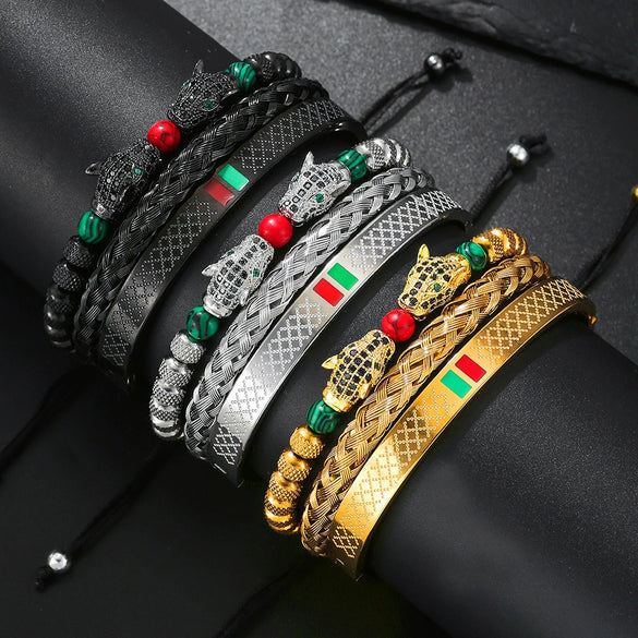 Woven Stainless Steel Copper Stone Geometric Leopard Head Electroplated Unisex Bracelet