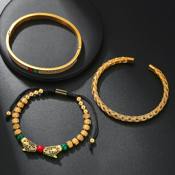 Woven Stainless Steel Copper Stone Geometric Leopard Head Electroplated Unisex Bracelet