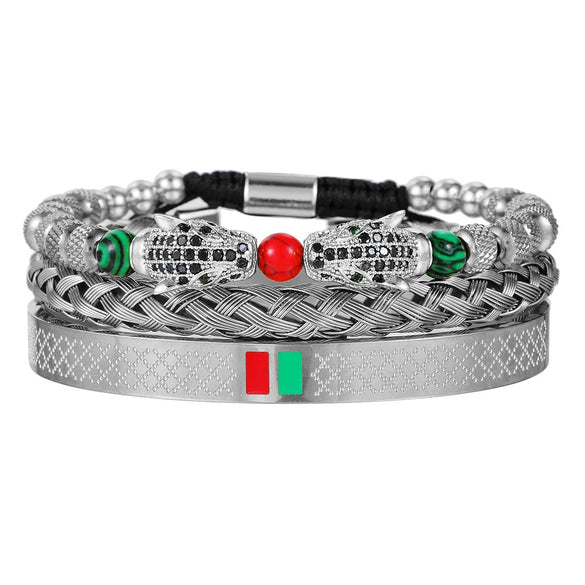 Woven Stainless Steel Copper Stone Geometric Leopard Head Electroplated Unisex Bracelet
