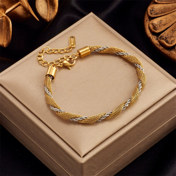Woven Two Color Titanium Steel Geometric Design Electroplated Unisex Bracelet Mesh Jewelry