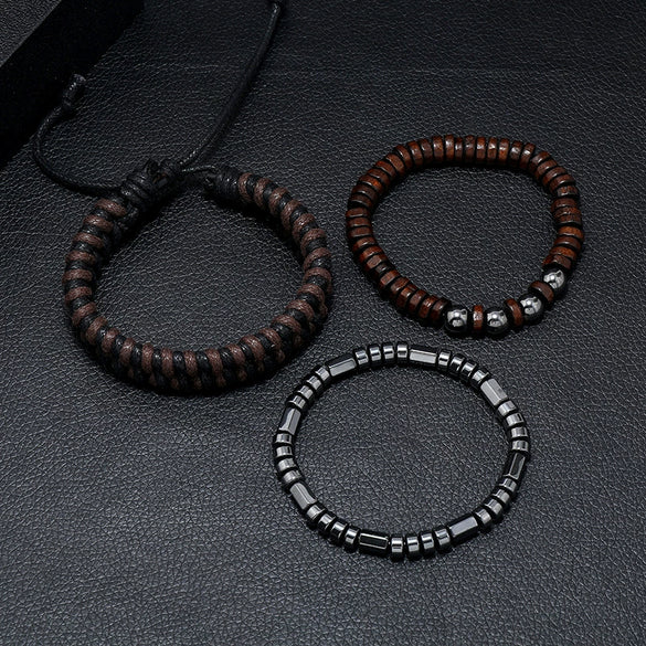 Yoga Bracelet Wooden Beads Black Stone Magnet Hand Knitted Geometric British Retro Style Men's Woven Adjustable