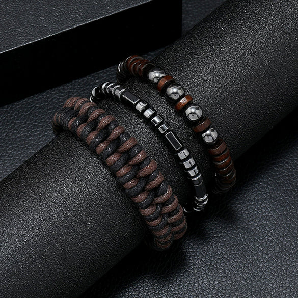 Yoga Bracelet Wooden Beads Black Stone Magnet Hand Knitted Geometric British Retro Style Men's Woven Adjustable