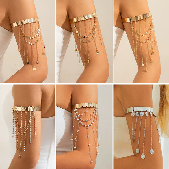Zinc Alloy Beaded Tassel Arm Chain Arm Ring Electroplated Bohemian Style Women Jewelry