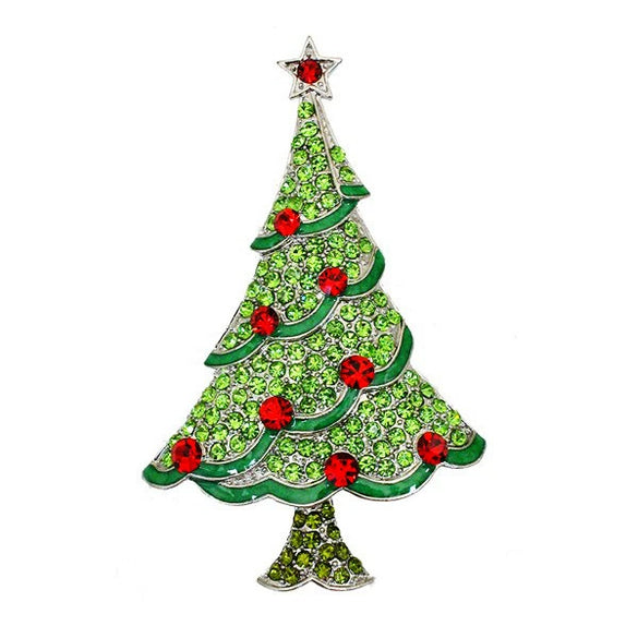 Zinc Alloy Christmas Tree Brooch With Diamond Embellishment Floral Plant Design Oil Drip Finish And Decorative Corsage Style