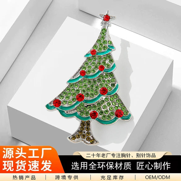 Zinc Alloy Christmas Tree Brooch With Diamond Embellishment Floral Plant Design Oil Drip Finish And Decorative Corsage Style
