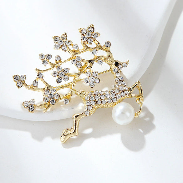 Zinc Alloy Elk Brooch With Diamond And Pearl Accents Simple Animal Collar Pin For Women's Fashion