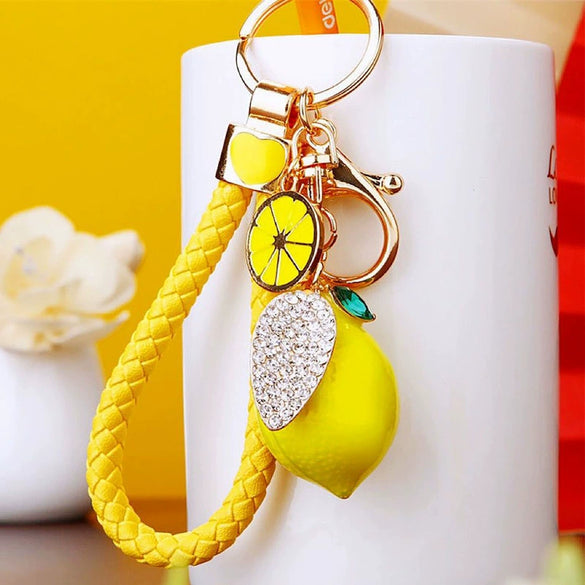 Zinc Alloy Fruit Lemon Car Keychain Diamondencrusted Cartoon Key Chain For Women