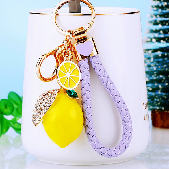 Zinc Alloy Fruit Lemon Car Keychain Diamondencrusted Cartoon Key Chain For Women
